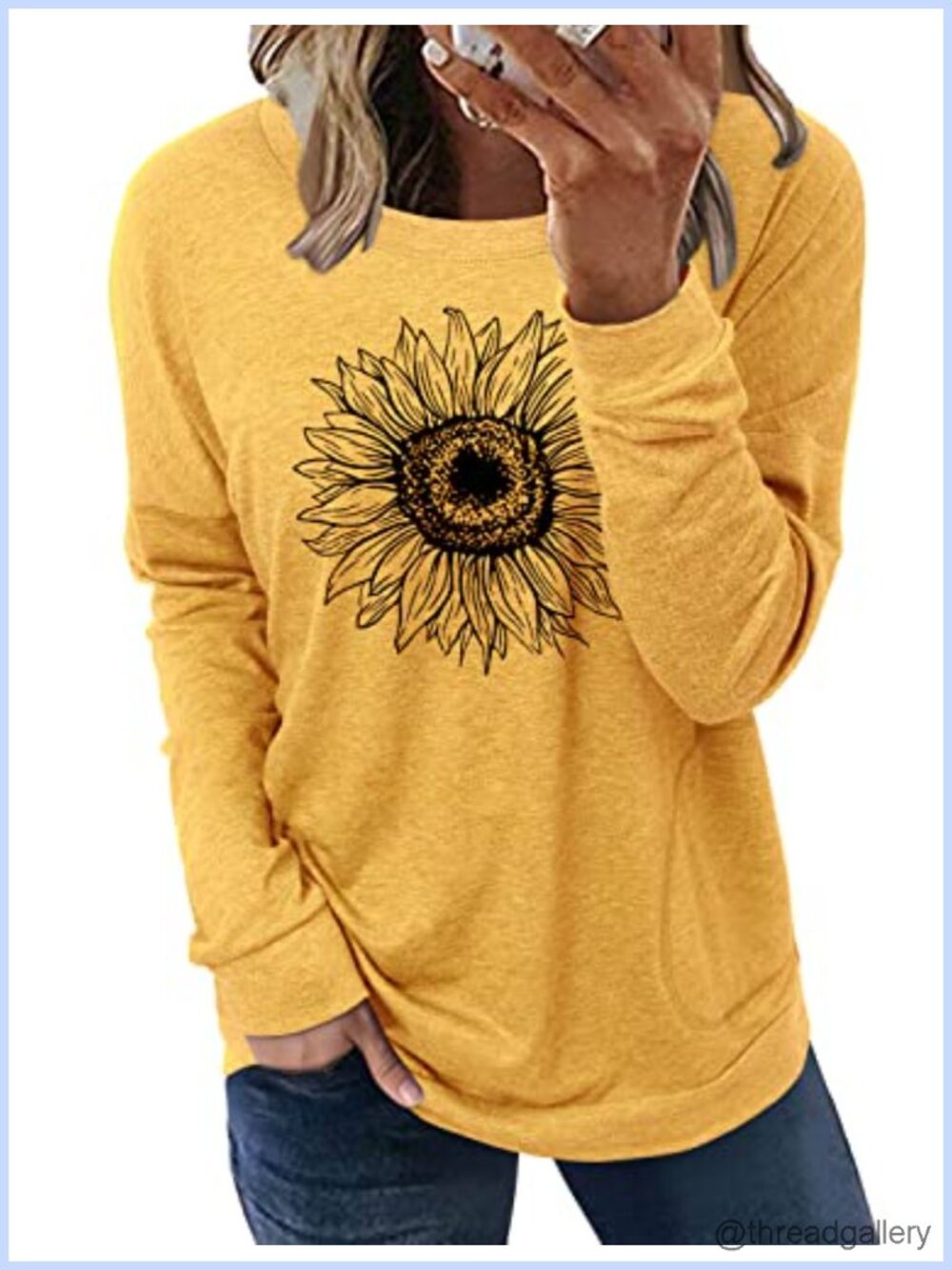 Long Sleeve Tunic Top Crew Neck Side Pockets Loose Fit Casual
